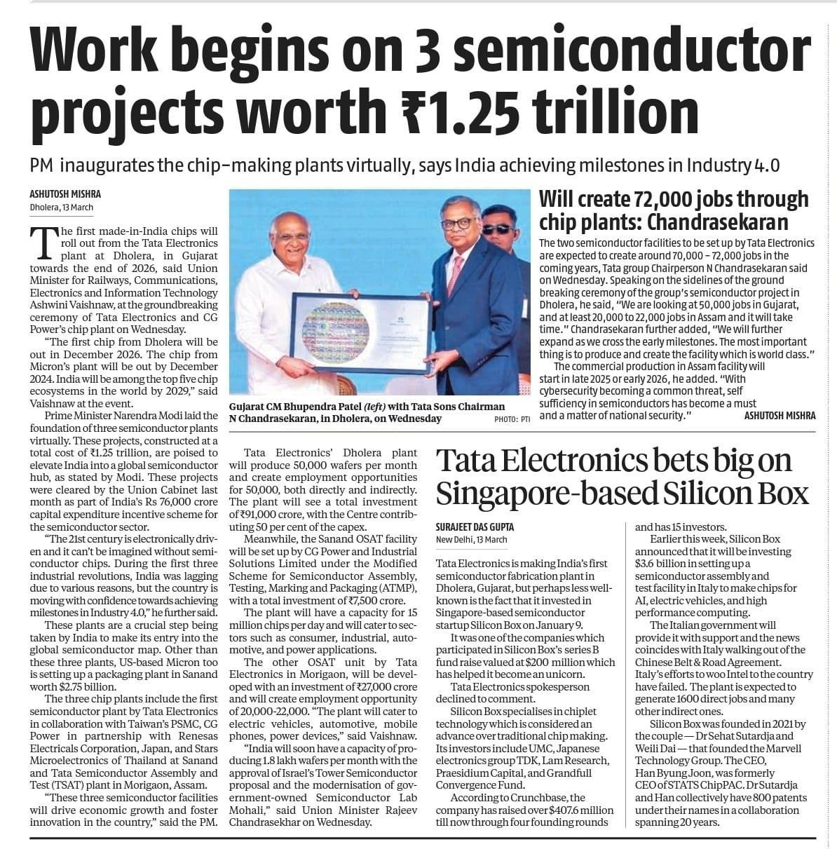 Work begins on 3 semiconductor projects worth ₹1.25 trillion